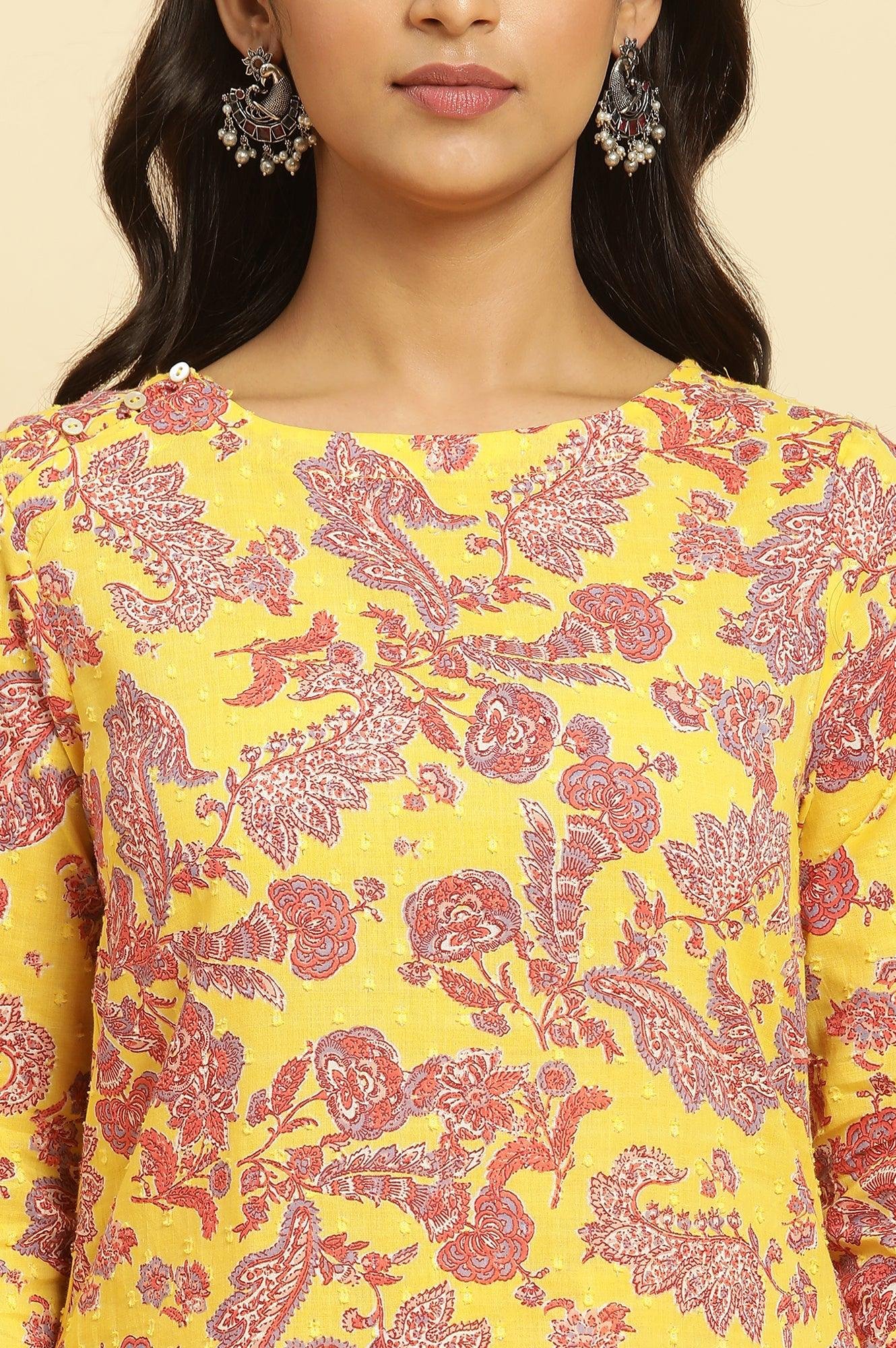 Yellow Floral Printed Cotton Kurta And Pants Co-Ord Set - Image 2