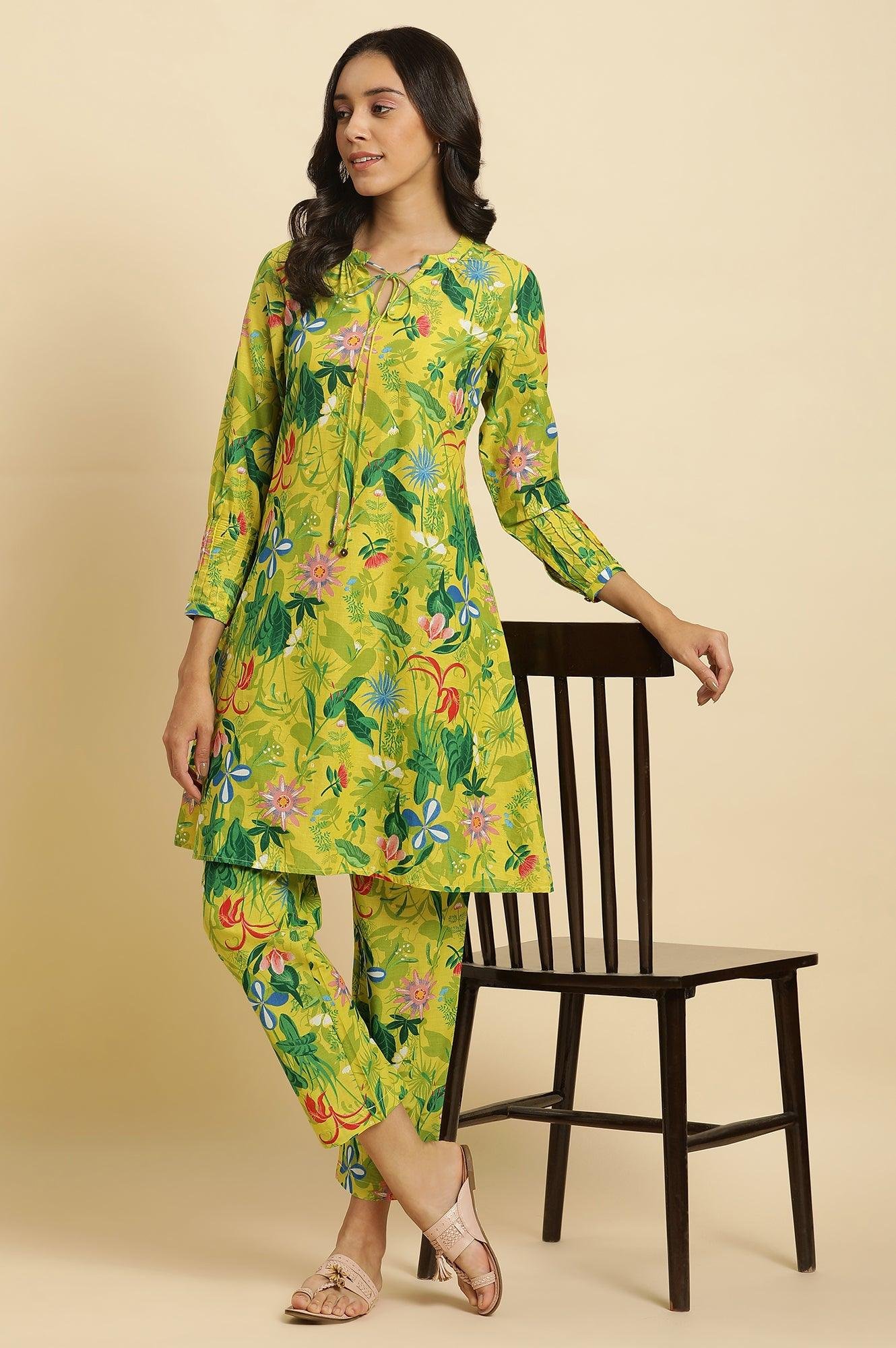 Green Floral Printed A-Line Kurta & Pants Co-Ord Set - Image 8