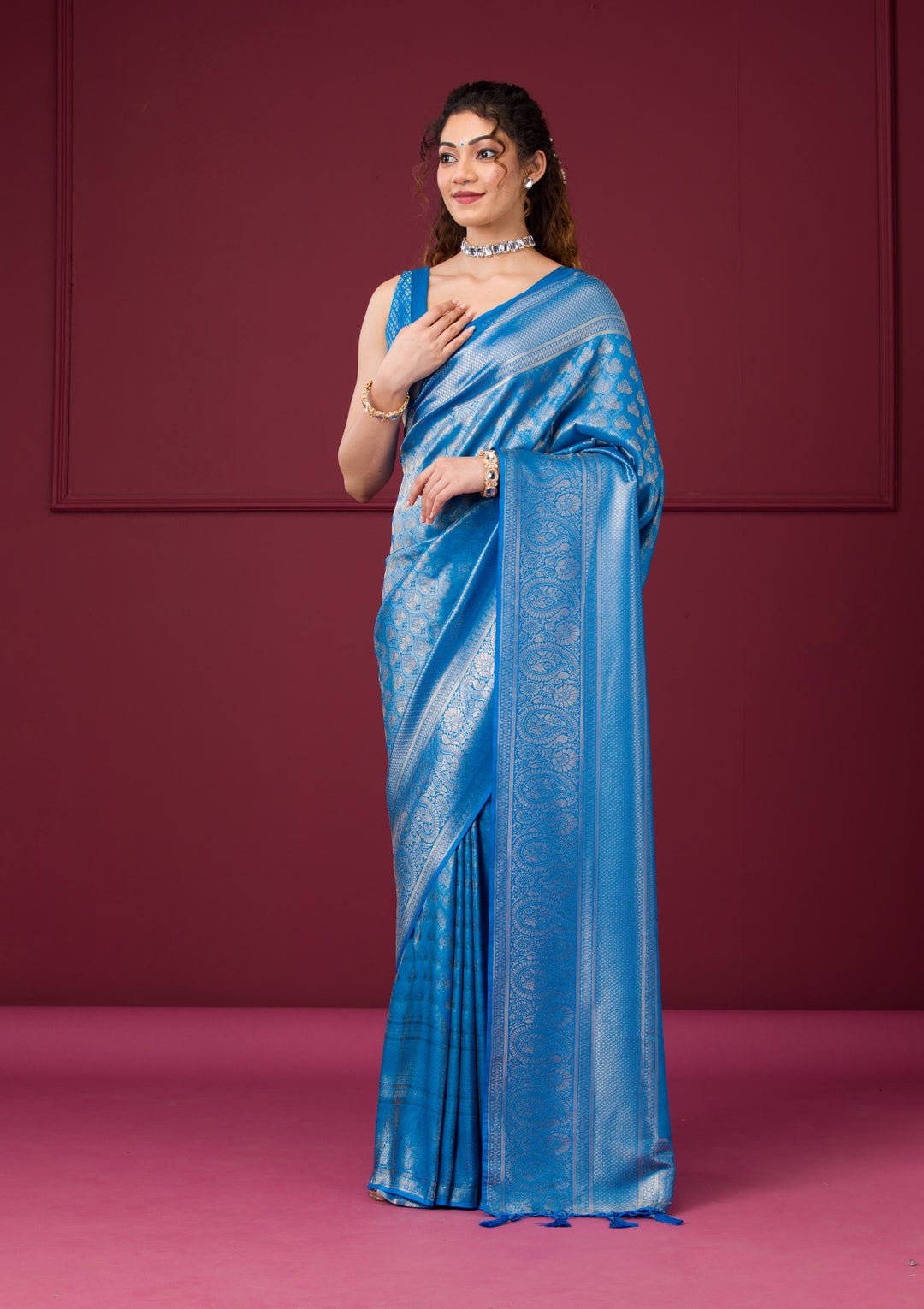 Turquoise Blue Zariwork Art Silk Saree - Image 4