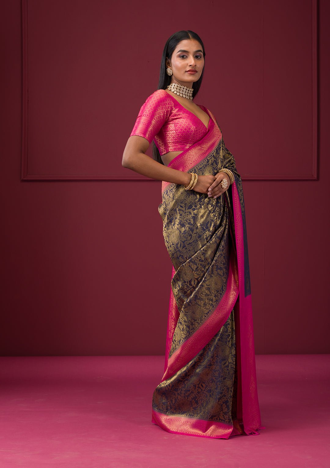 Navy Blue Zariwork Soft Silk Saree - Image 5