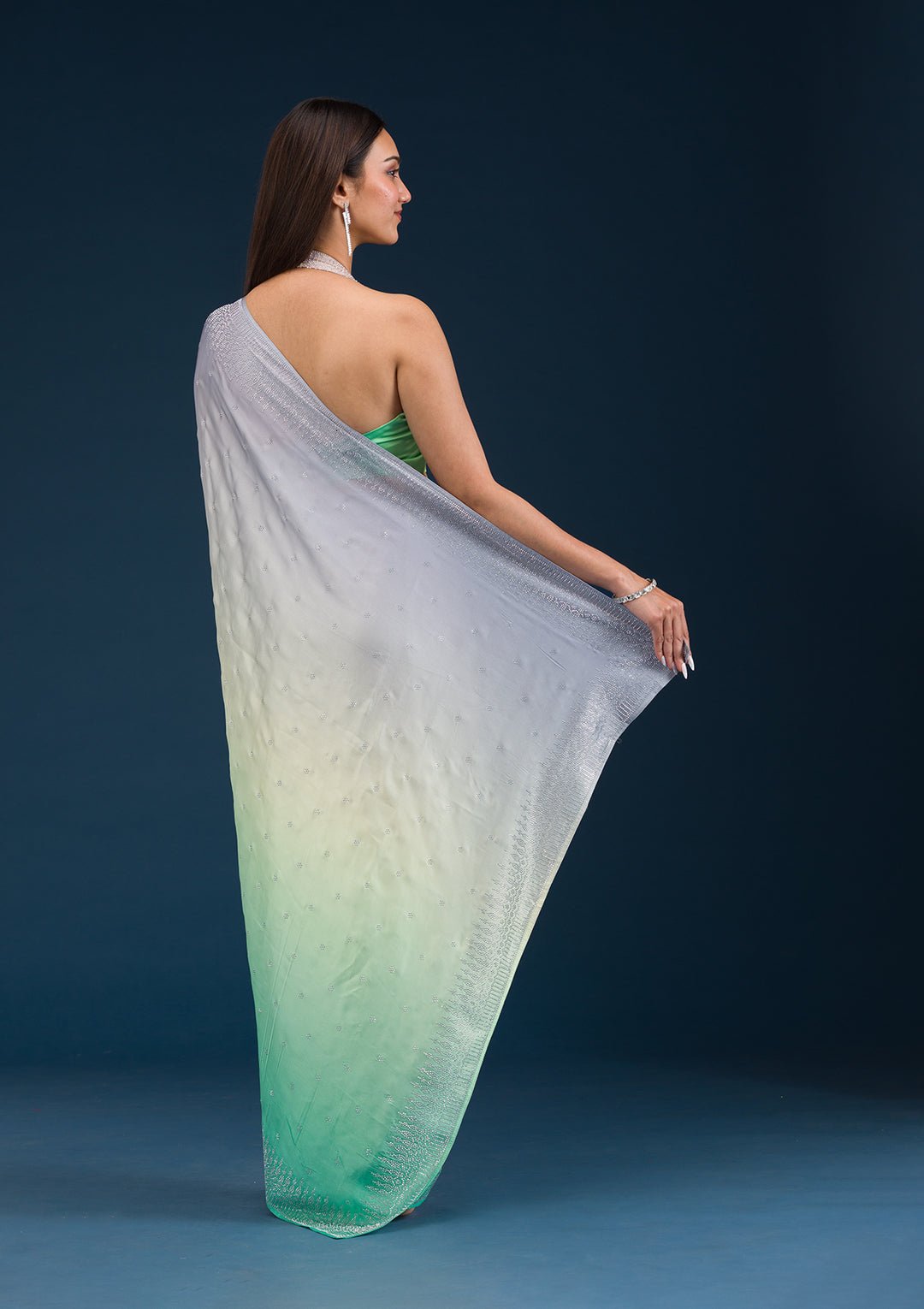 Grey Stonework Satin Saree - Image 7